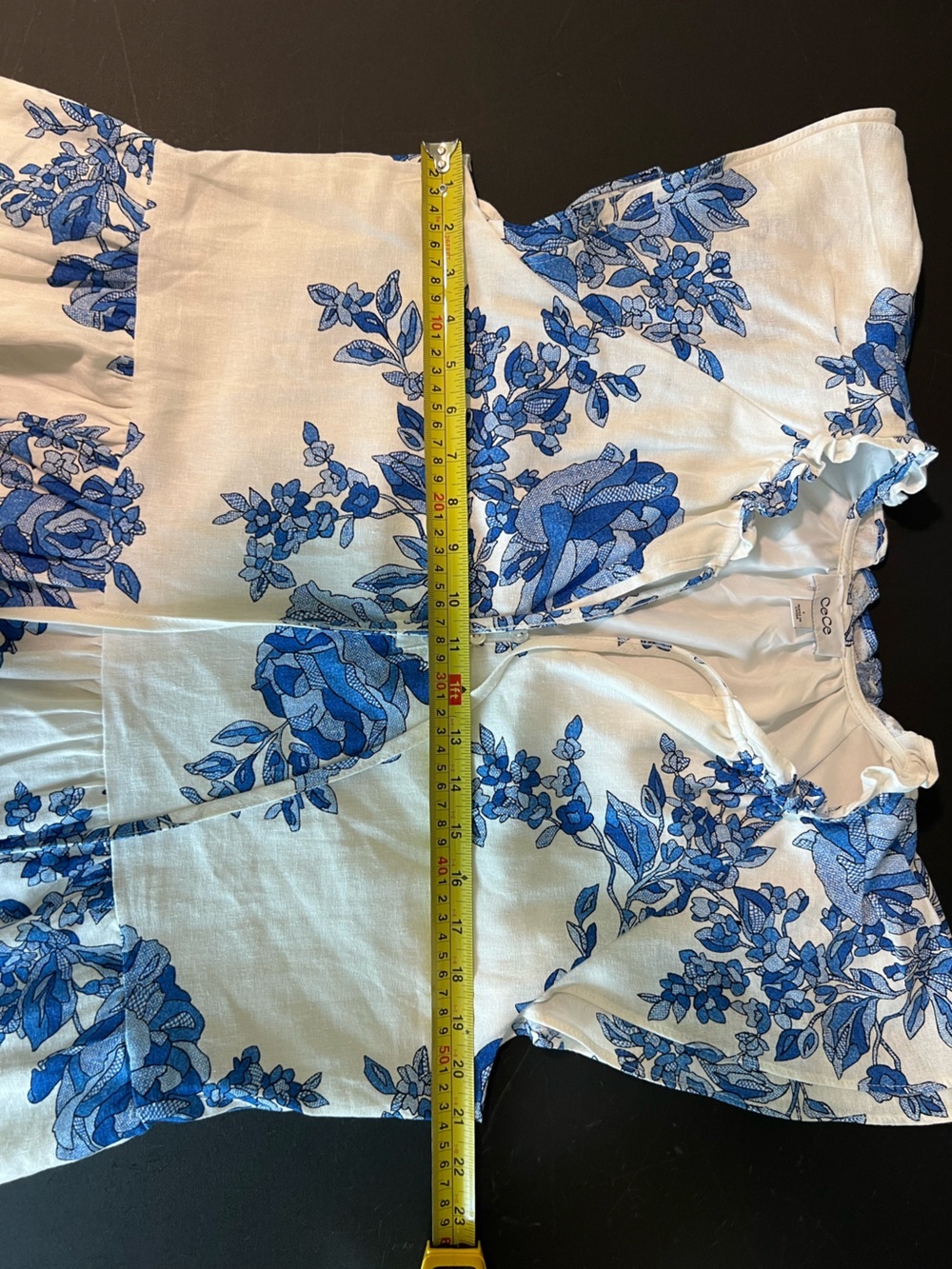 Women's White & Blue Floral Tiered Linen Dress Summer Beach Vacation - Picture 6 of 9